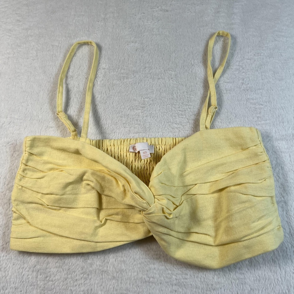 GB Tank Top Womens XS Yellow Linen Blend Ruched Twist Front Cropped Cami